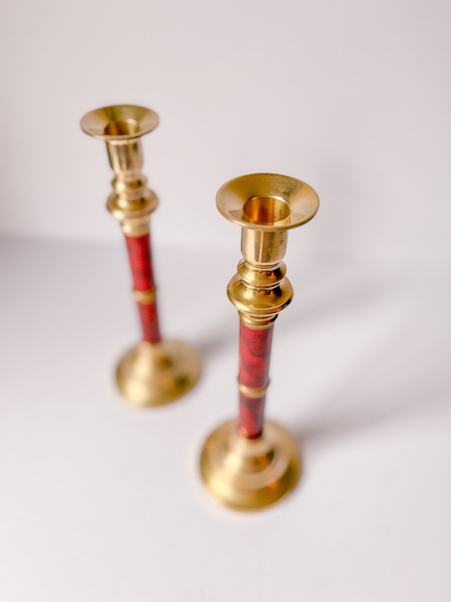 Vintage Brass and Faux Red Marble Candlestick Holders