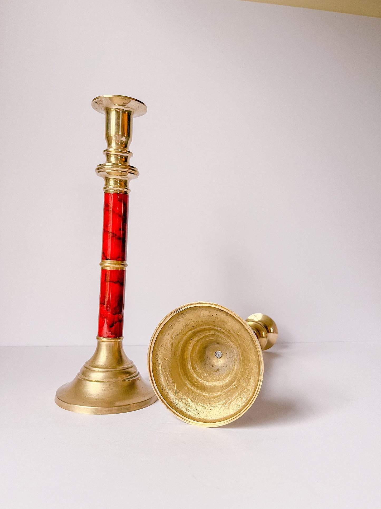 Vintage Brass and Faux Red Marble Candlestick Holders