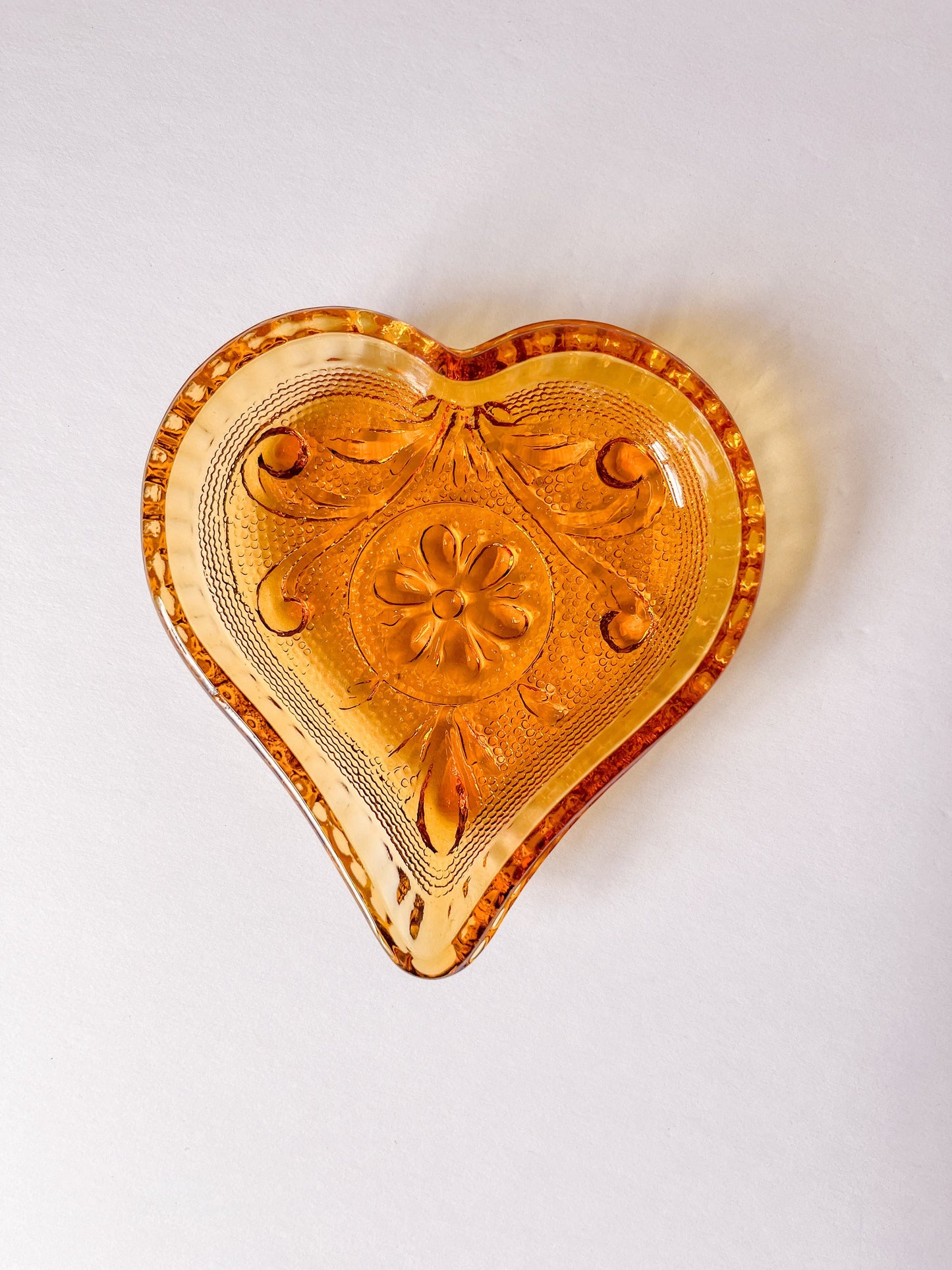 Vintage Amber Glass Heart Trinket Dish