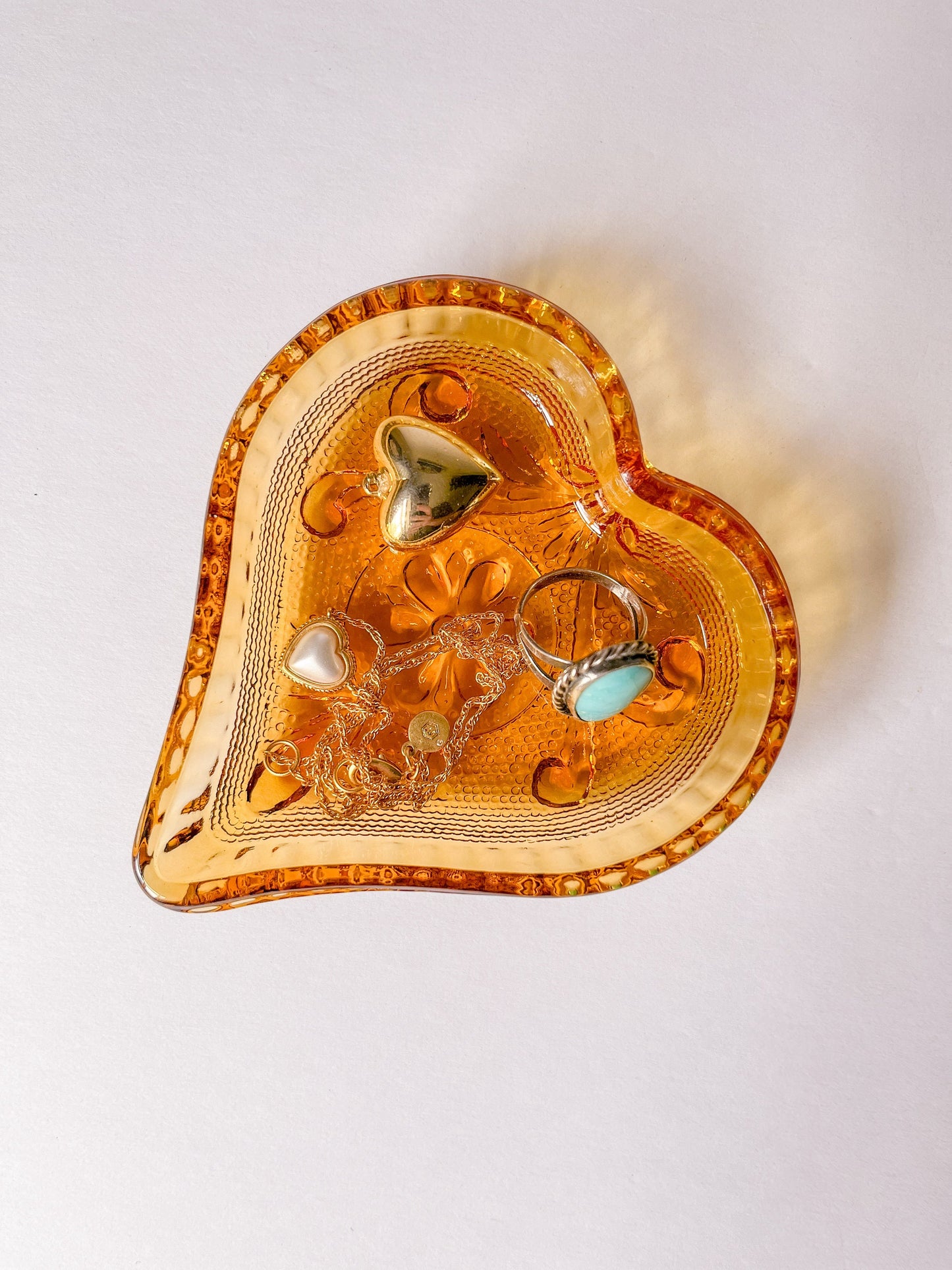 Vintage Amber Glass Heart Trinket Dish