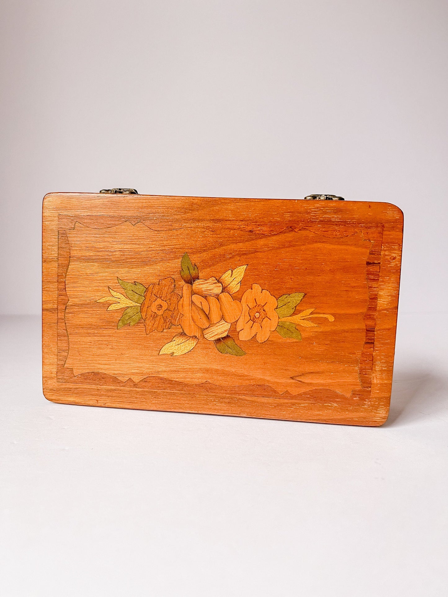 Vintage Inlaid Wood Floral Jewelry Box with Orange Fabric