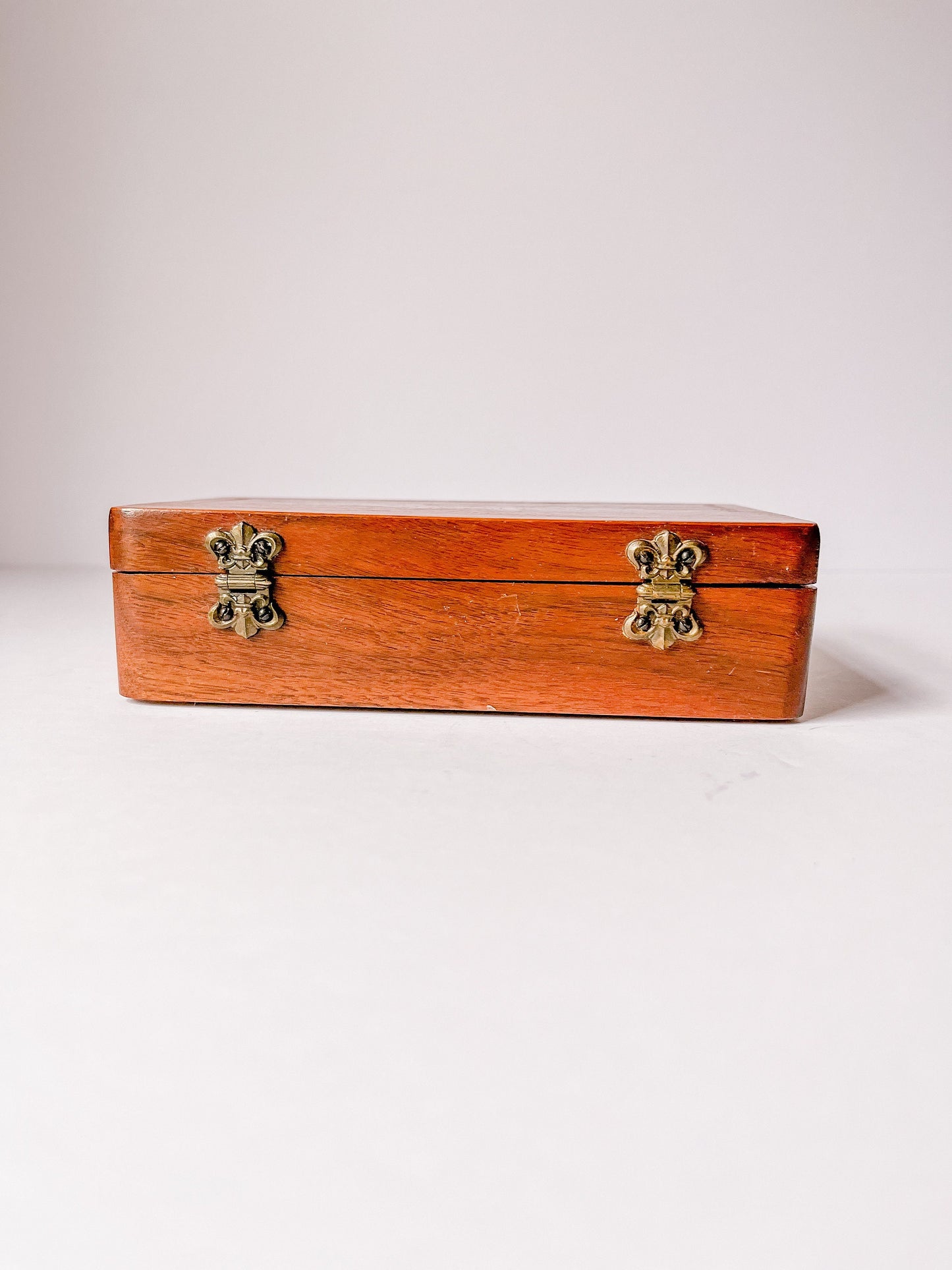 Vintage Inlaid Wood Floral Jewelry Box with Orange Fabric