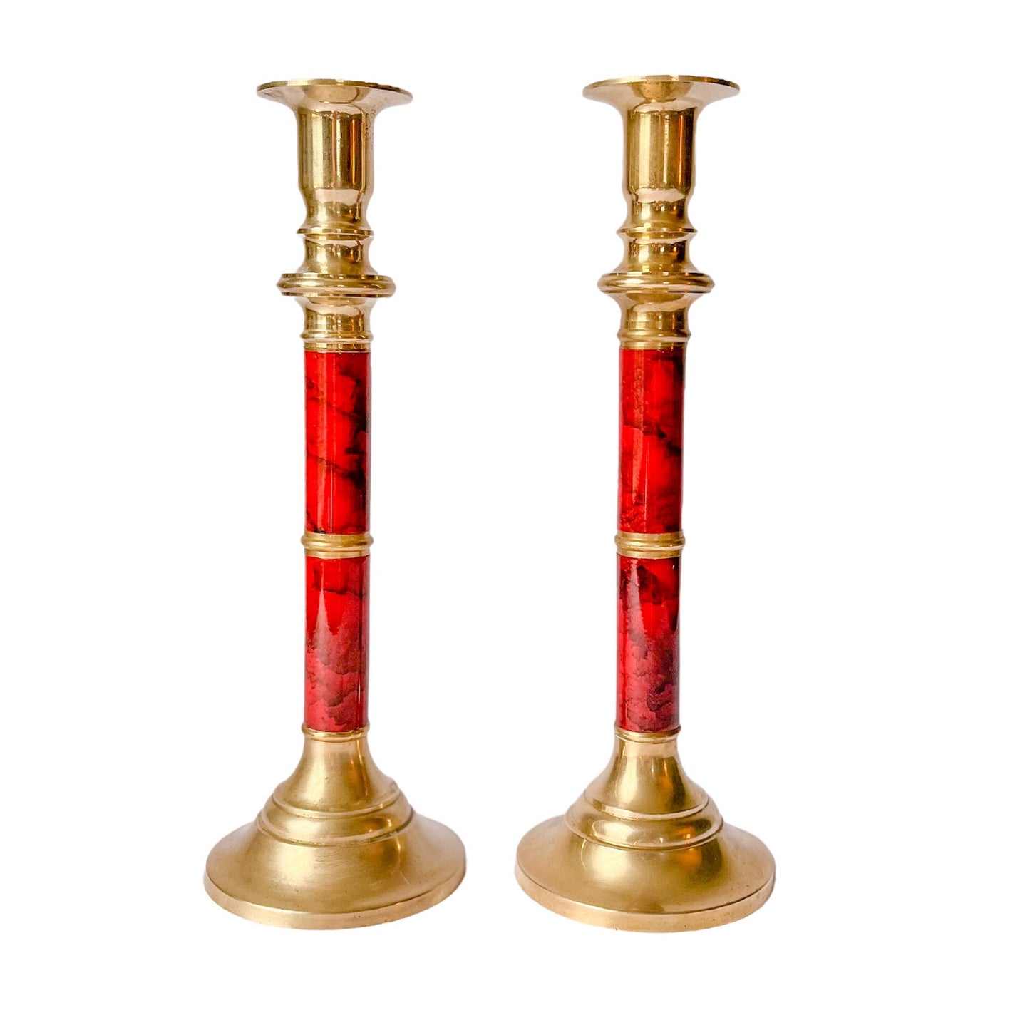 Vintage Brass and Faux Red Marble Candlestick Holders