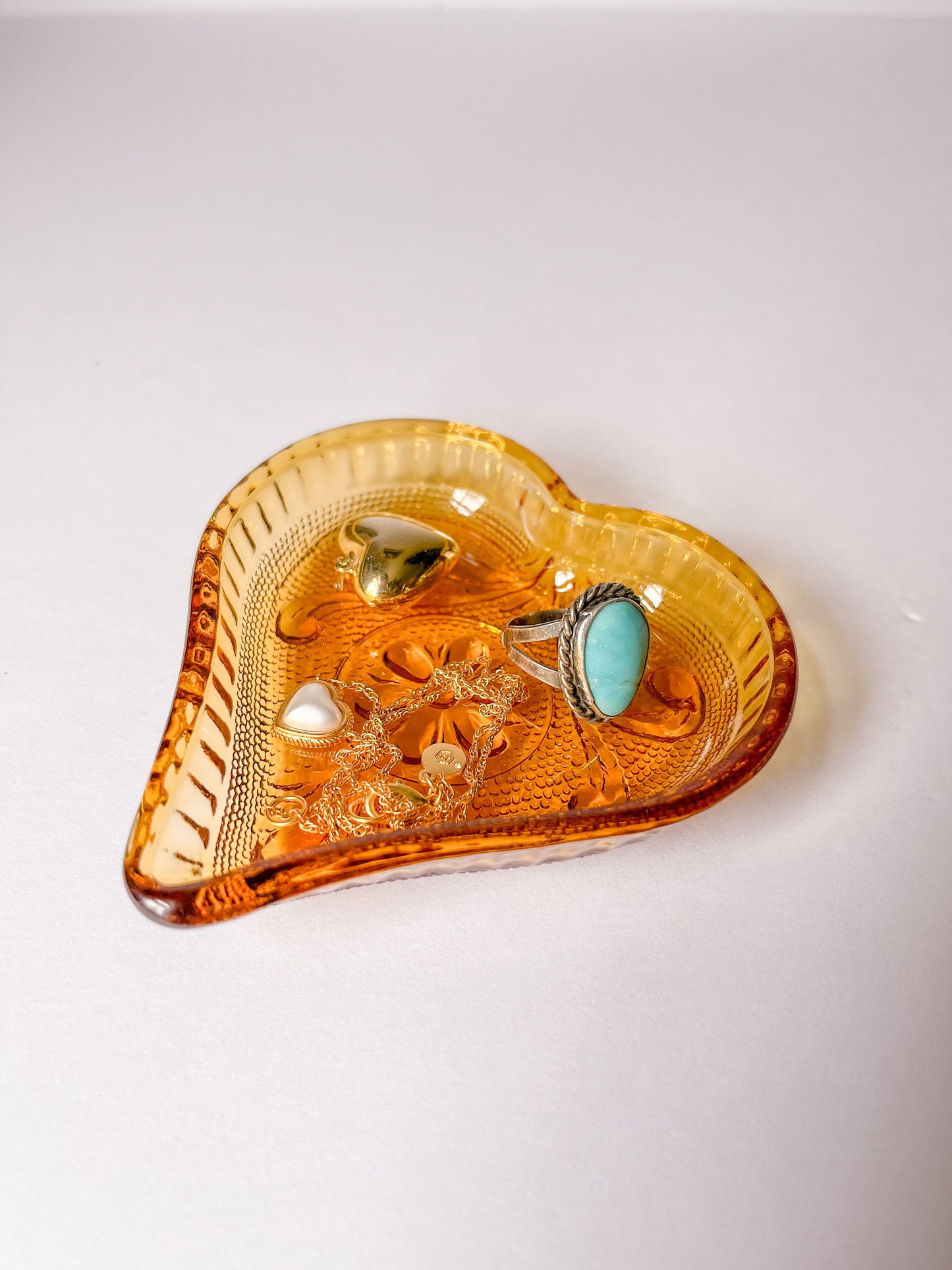 Vintage Amber Glass Heart Trinket Dish