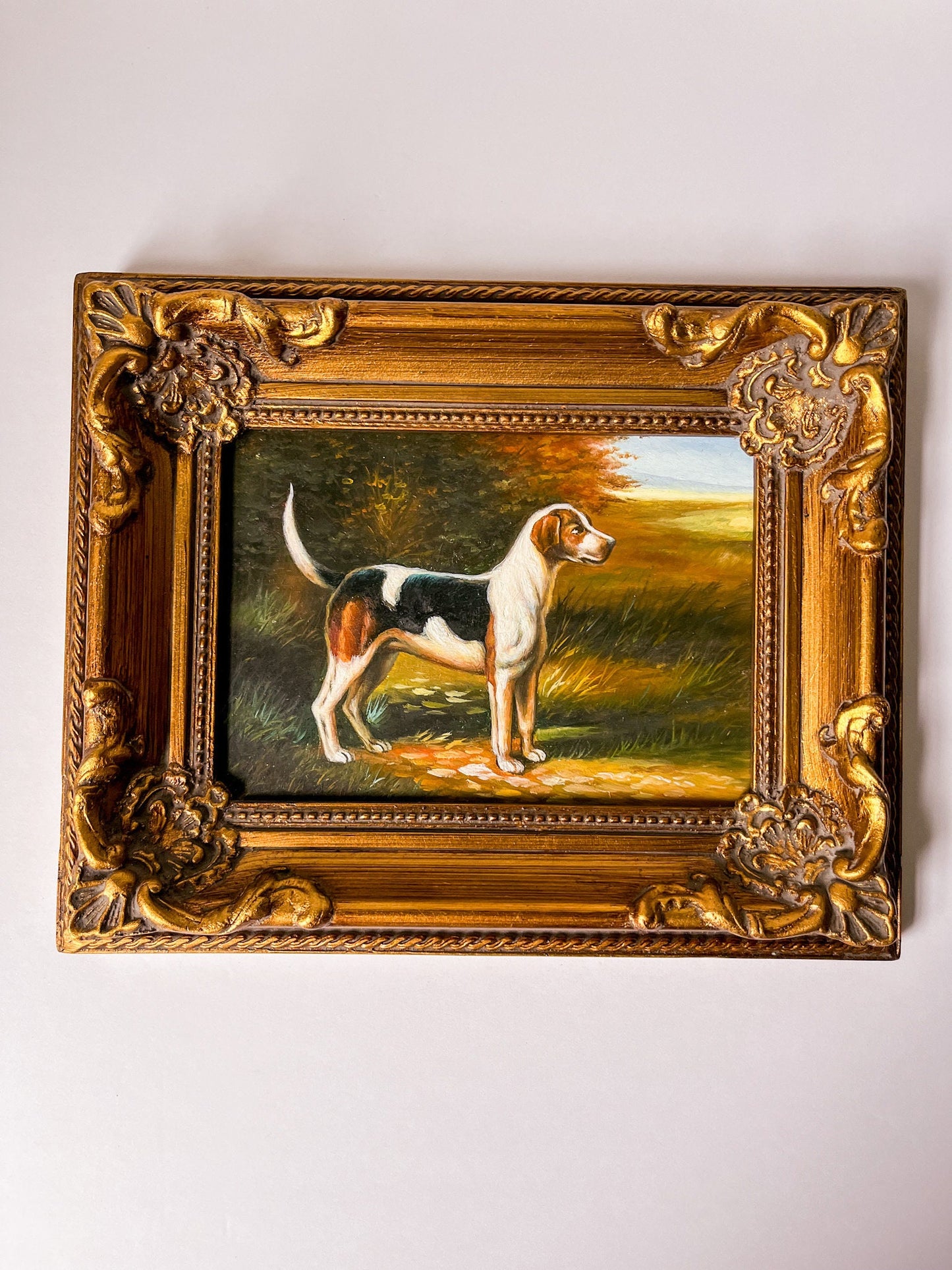 Original Beagle Dog Oil Painting in Baroque Gold Frame Marked Robert Grace