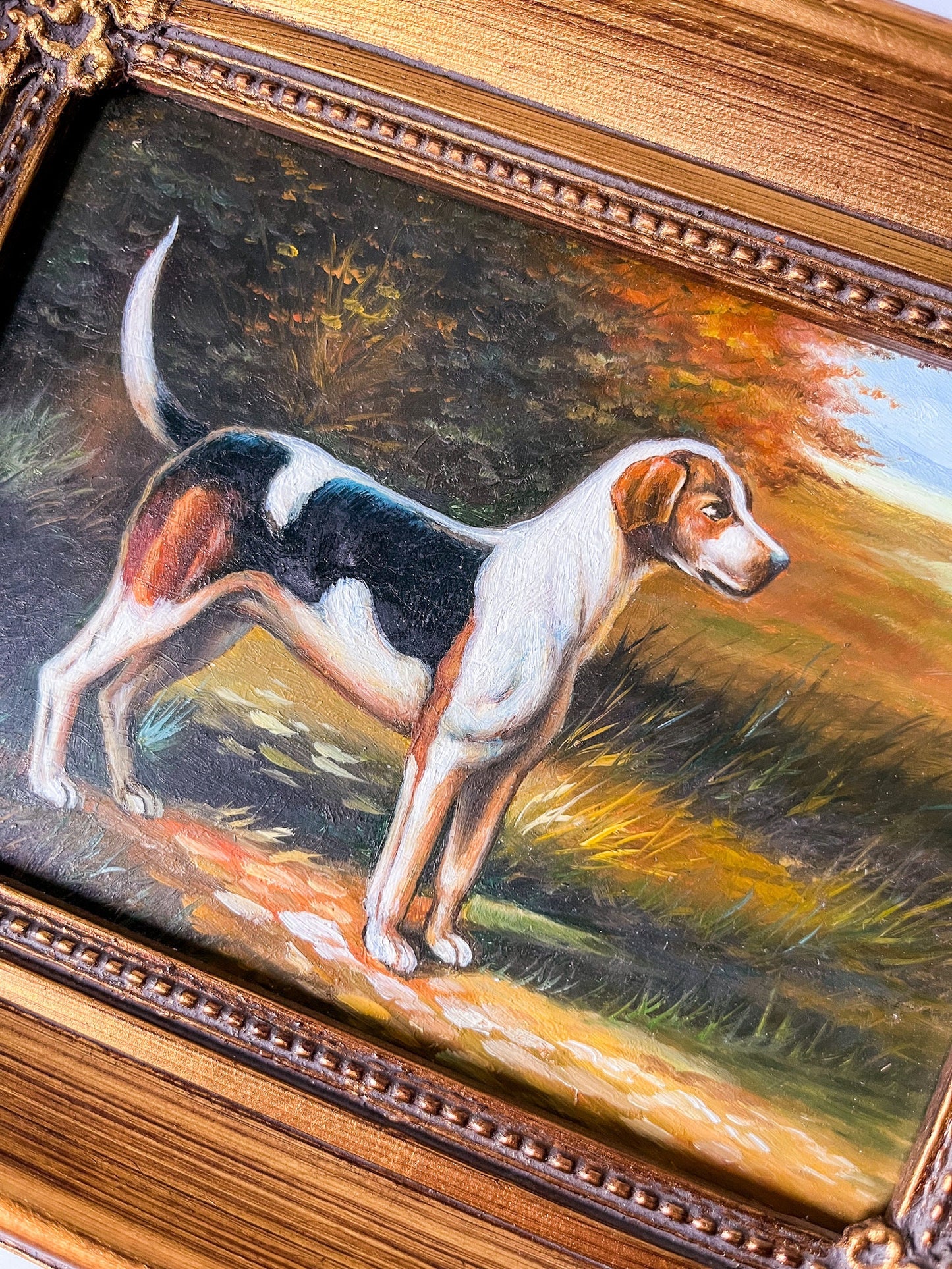 Original Beagle Dog Oil Painting in Baroque Gold Frame Marked Robert Grace