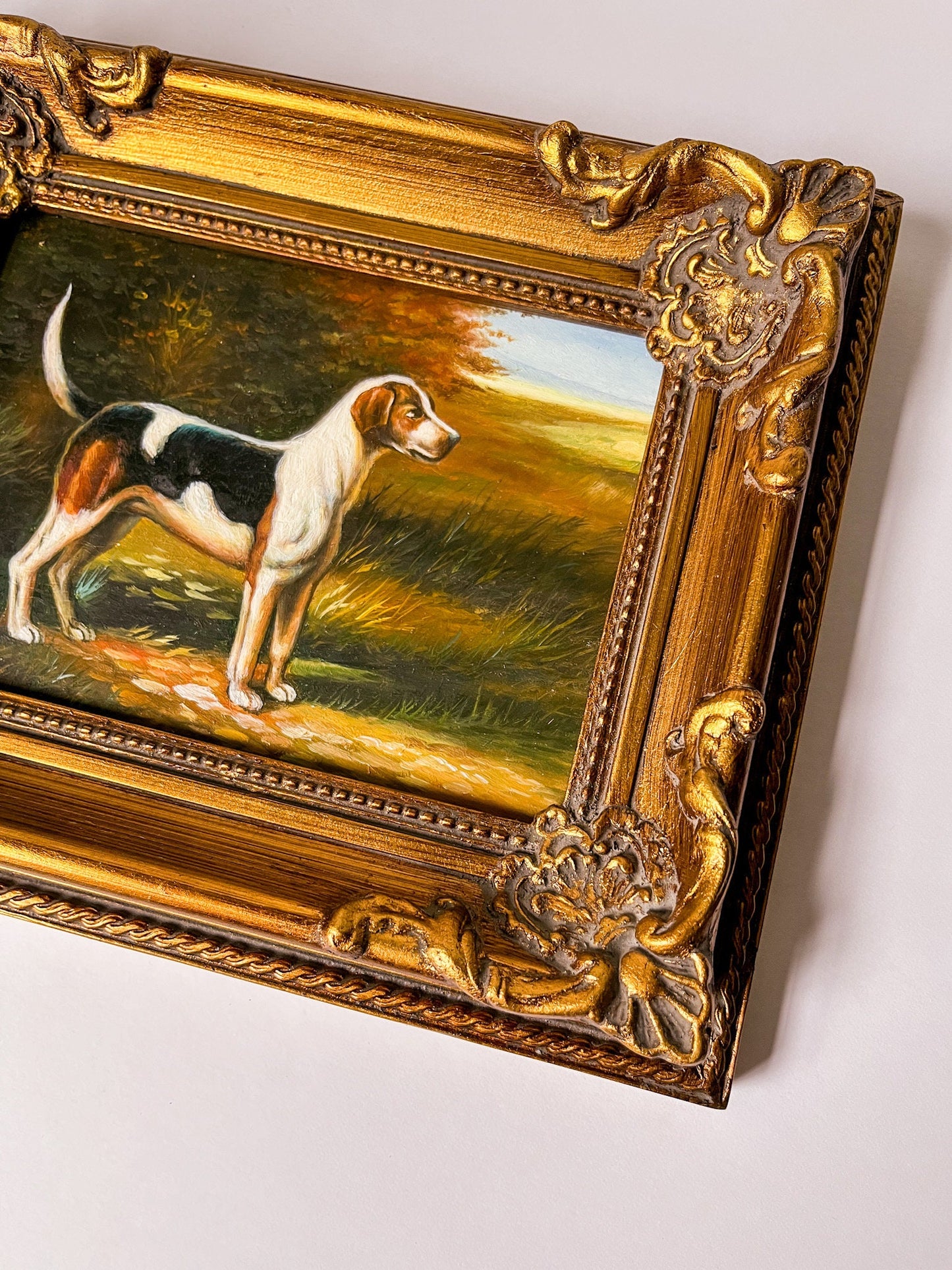 Original Beagle Dog Oil Painting in Baroque Gold Frame Marked Robert Grace