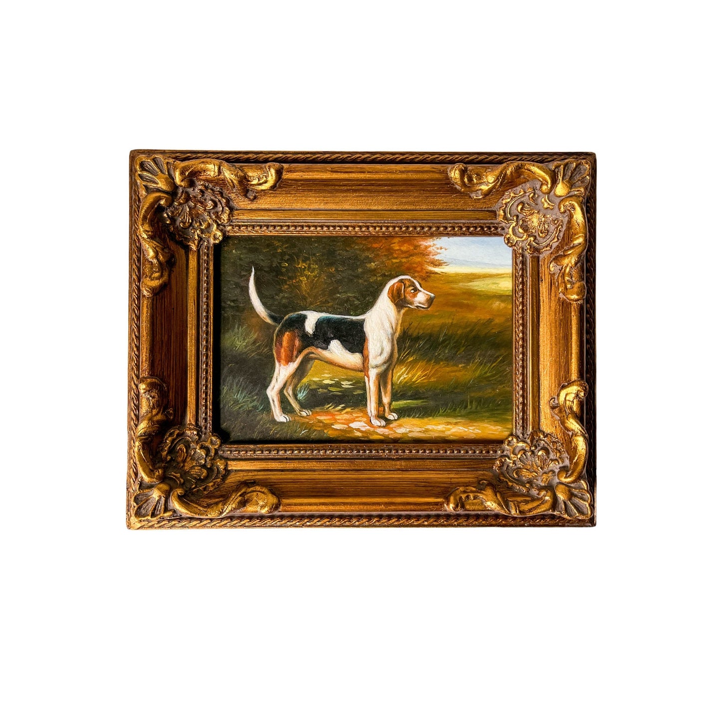 Original Beagle Dog Oil Painting in Baroque Gold Frame Marked Robert Grace