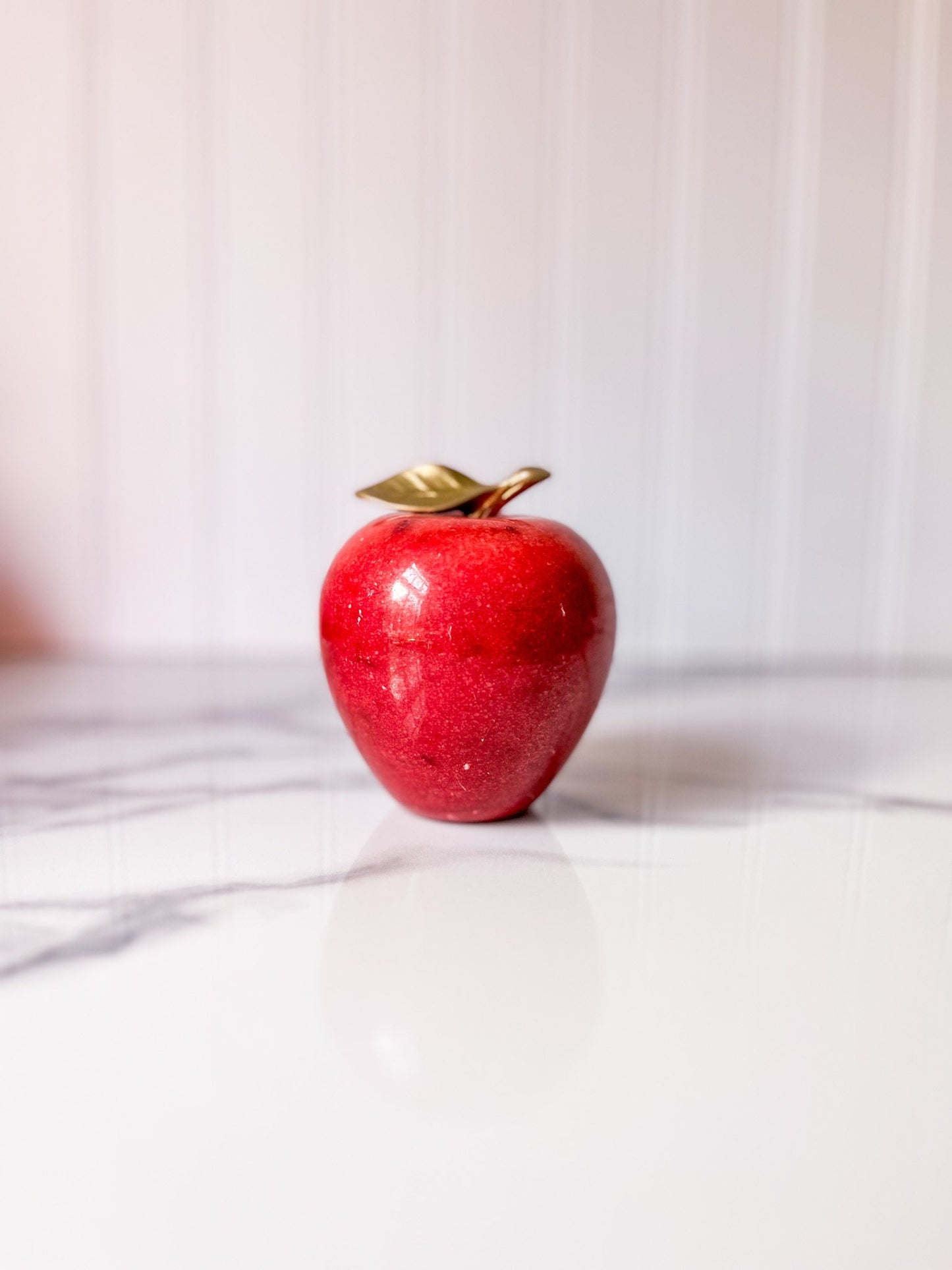 Vintage Red Alabaster Stone Apple paperweight with Brass Stem