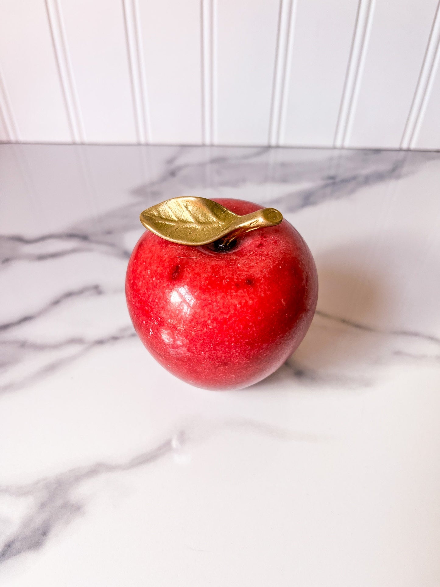 Vintage Red Alabaster Stone Apple paperweight with Brass Stem