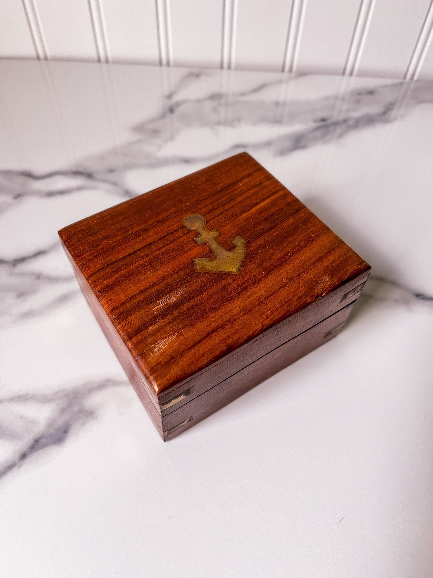 Vintage Brass Inlaid Wood Nautical Box with Anchor