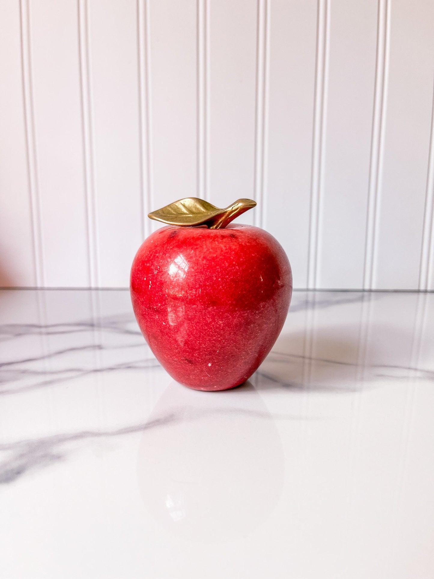 Vintage Red Alabaster Stone Apple paperweight with Brass Stem