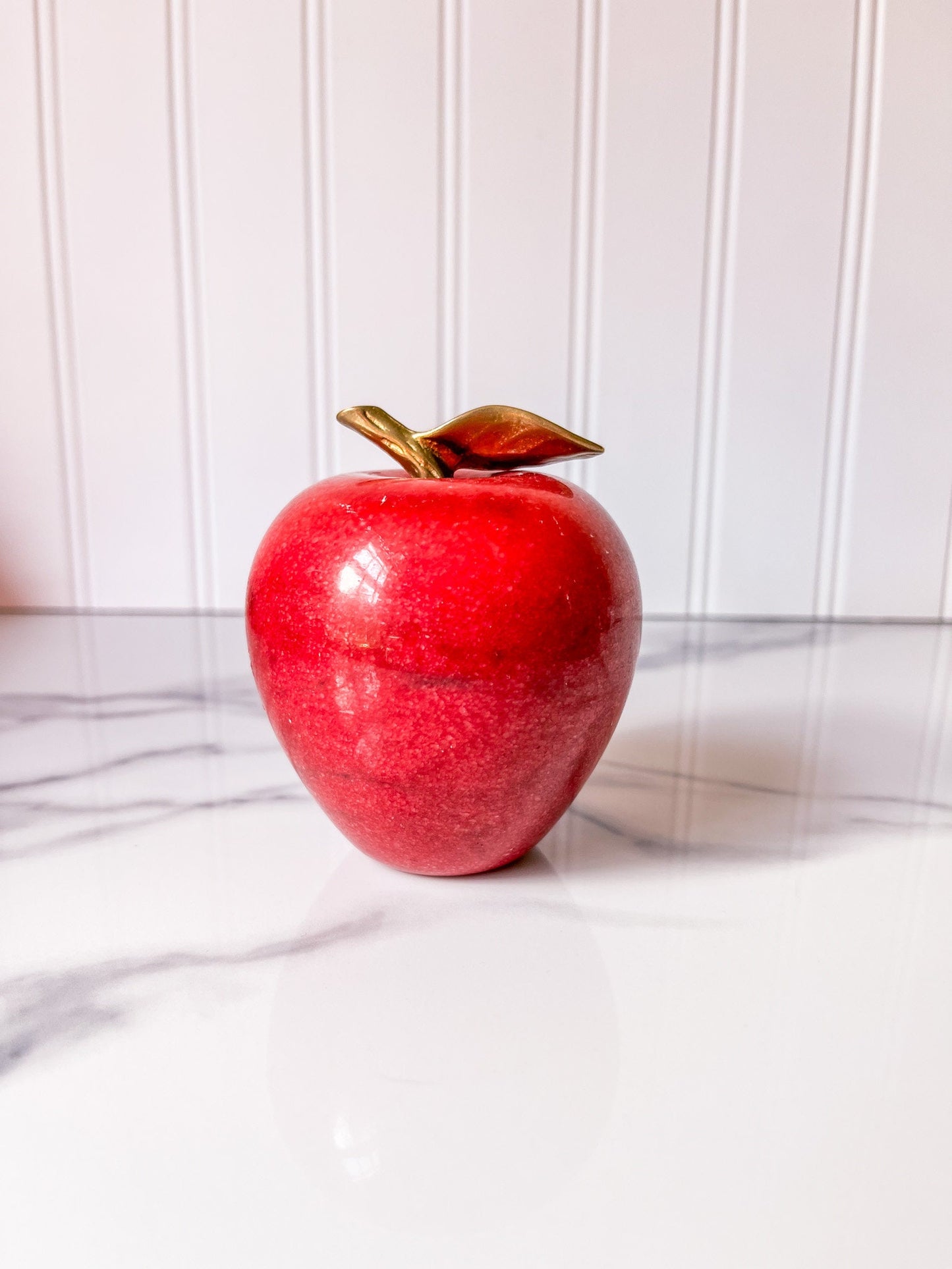 Vintage Red Alabaster Stone Apple paperweight with Brass Stem