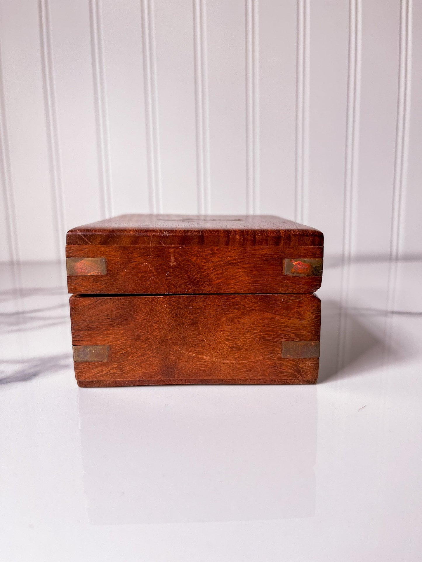 Vintage Brass Inlaid Wood Nautical Box with Anchor