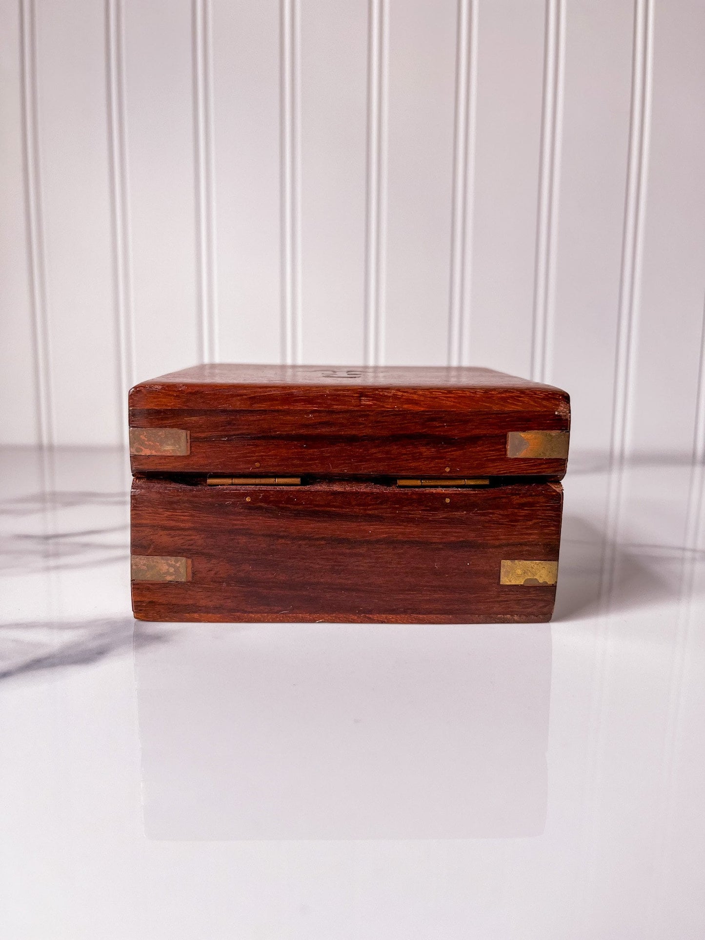 Vintage Brass Inlaid Wood Nautical Box with Anchor