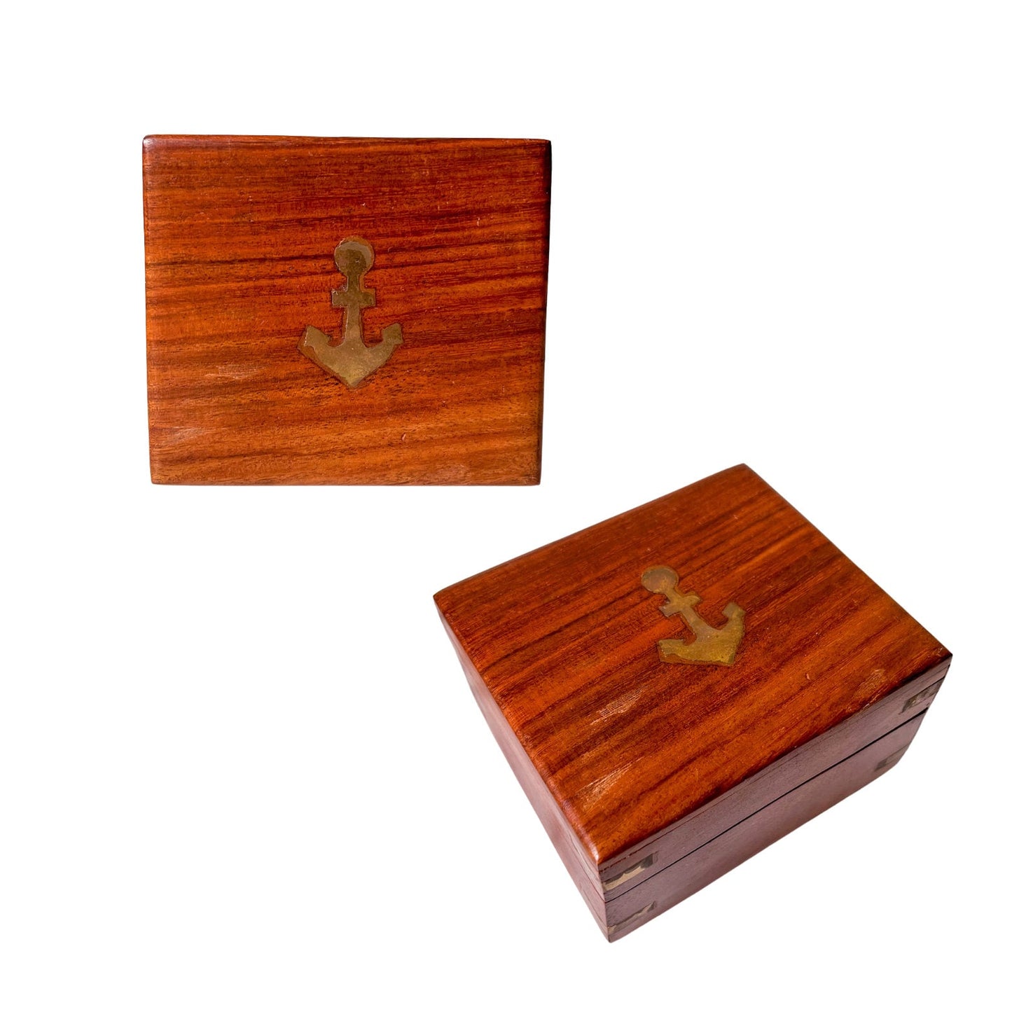 Vintage Brass Inlaid Wood Nautical Box with Anchor